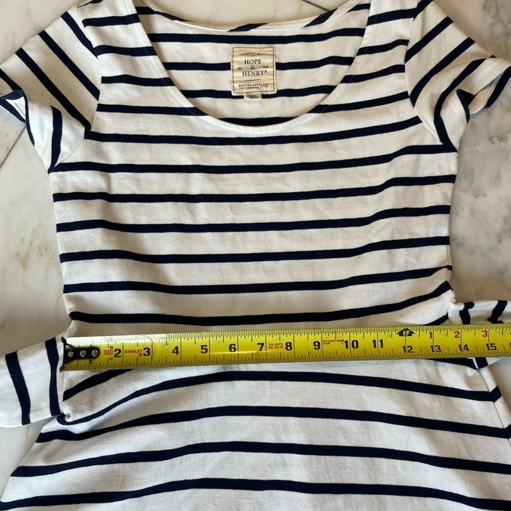 Hope & Henry, size 2, navy and white stripe fit & flare stretch mini dress w/tie - Picture 6 of 9